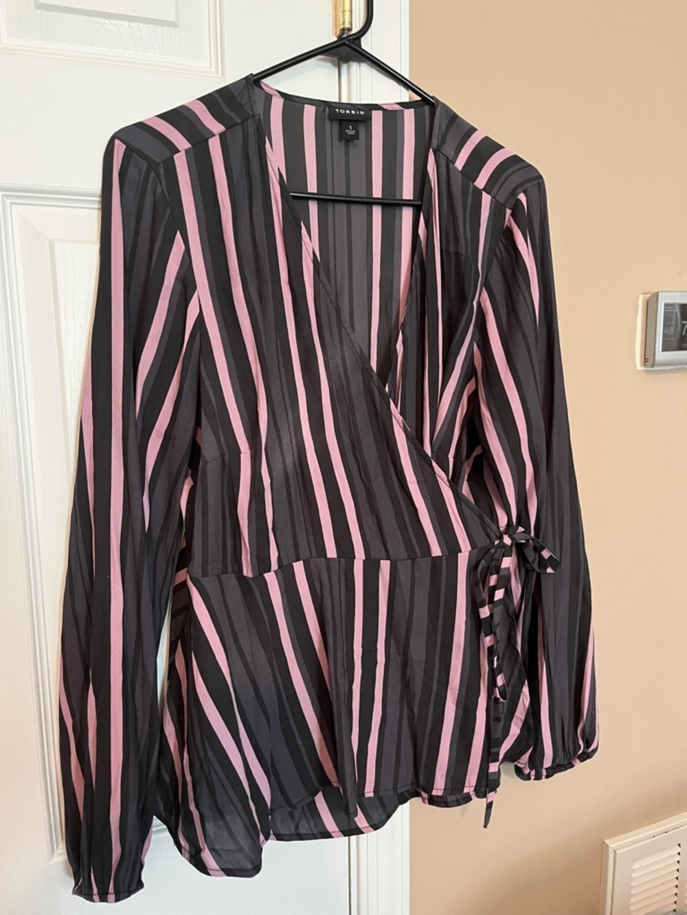 torrid Black and Pink Vertical Stripe Wrap Blouse